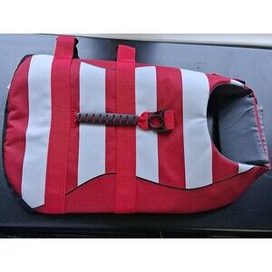 178 Dog Swimming Life Jacket Vest Red & White Striped Medium Adjustable Straps
